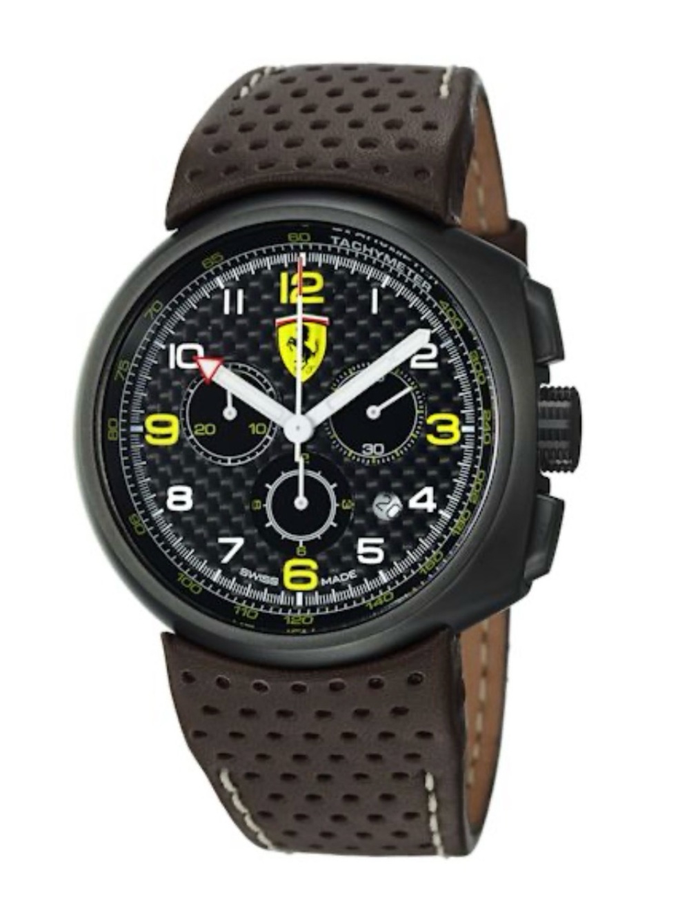 Ferrari F1 classBlack Dial Chronograph Watch with Yellow Accents and Brown Strap